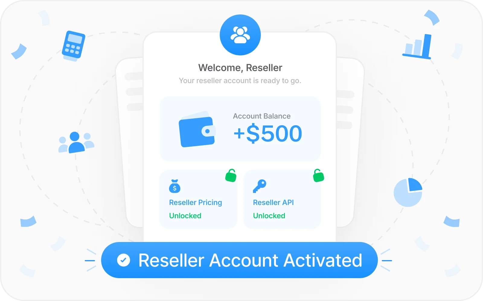 Reseller dashboard confirming an activated account with a $500 balance